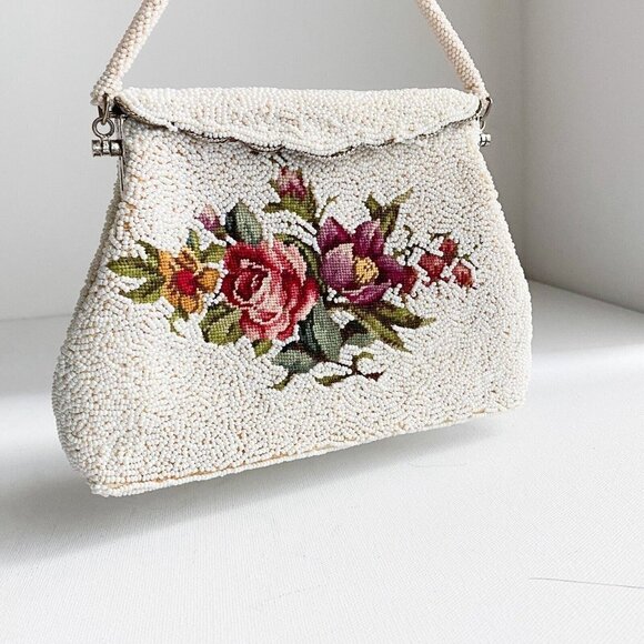 Vintage fully beaaded floral Crosstich Wedding Special Occasion Purse - Picture 2 of 12